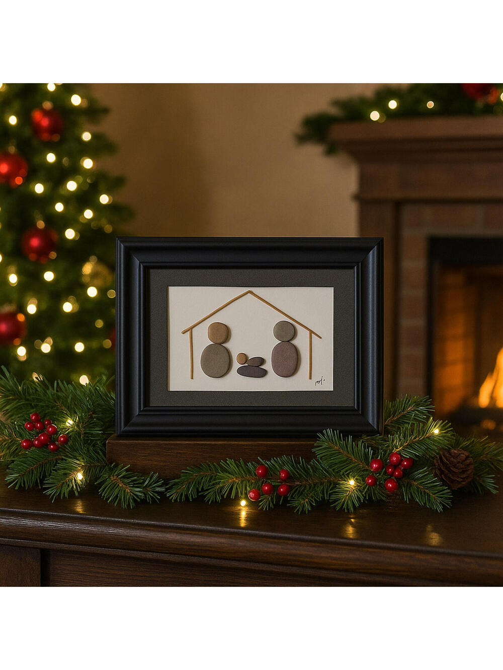 Nativity Scene Pebble Art by Mimi (5" x 7") Christmas Framed Home Decor Gift